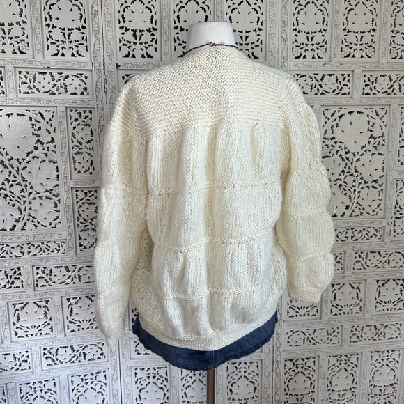 Handmade Boho Grannycore Neutral Ivory Bubble Sleeve Open Cardigan Sz Medium - Picture 4 of 4